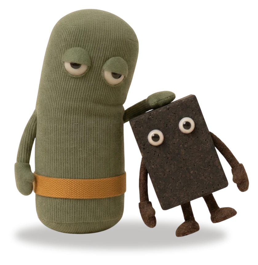 Ein dunkler Korkblock mit kurzen Beinen lehnt schräg an einem grünen Stoff-Bolster, dessen Hand auf dem Block liegt.