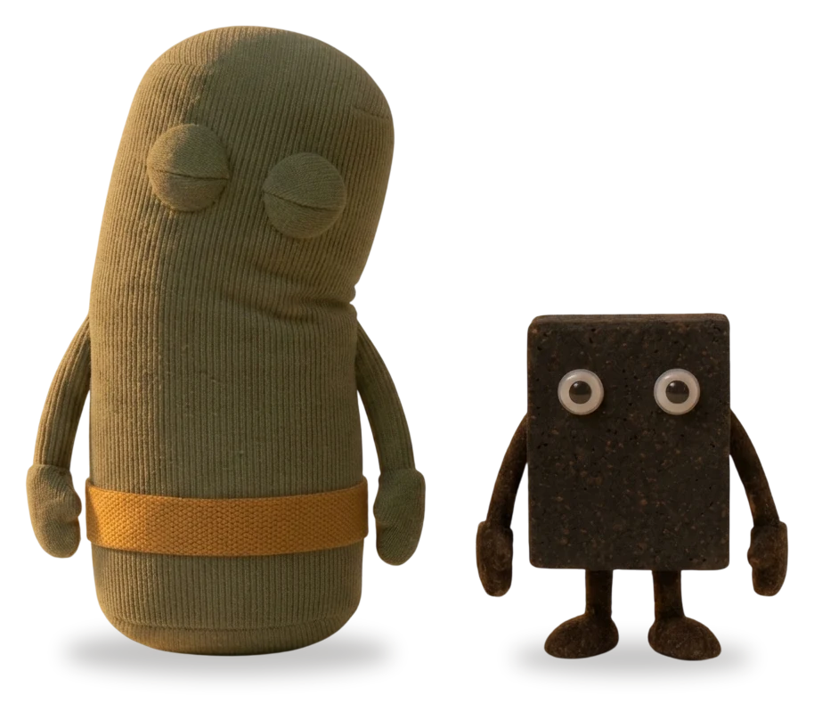 Ein grüner Stoff-Bolster im warmen Abendlicht, Augen geschlossen; rechts daneben steht ein dunkler Korkblock mit kurzen Beinen, Augen offen.