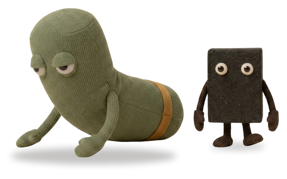 Ein grüner Stoff-Bolster liegt auf dem Bauch und stützt das Vorderteil auf beide Arme, Blick nach vorn; daneben steht ein dunkler Korkblock mit offenen Augen.