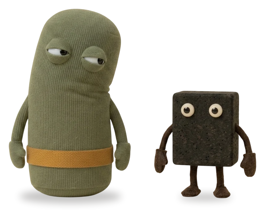 Ein grüner Stoff-Bolster steht und schaut mit halb geschlossenen Augen seitlich zu einem dunklen Korkblock, der mit offenen Augen geradeaus schaut.